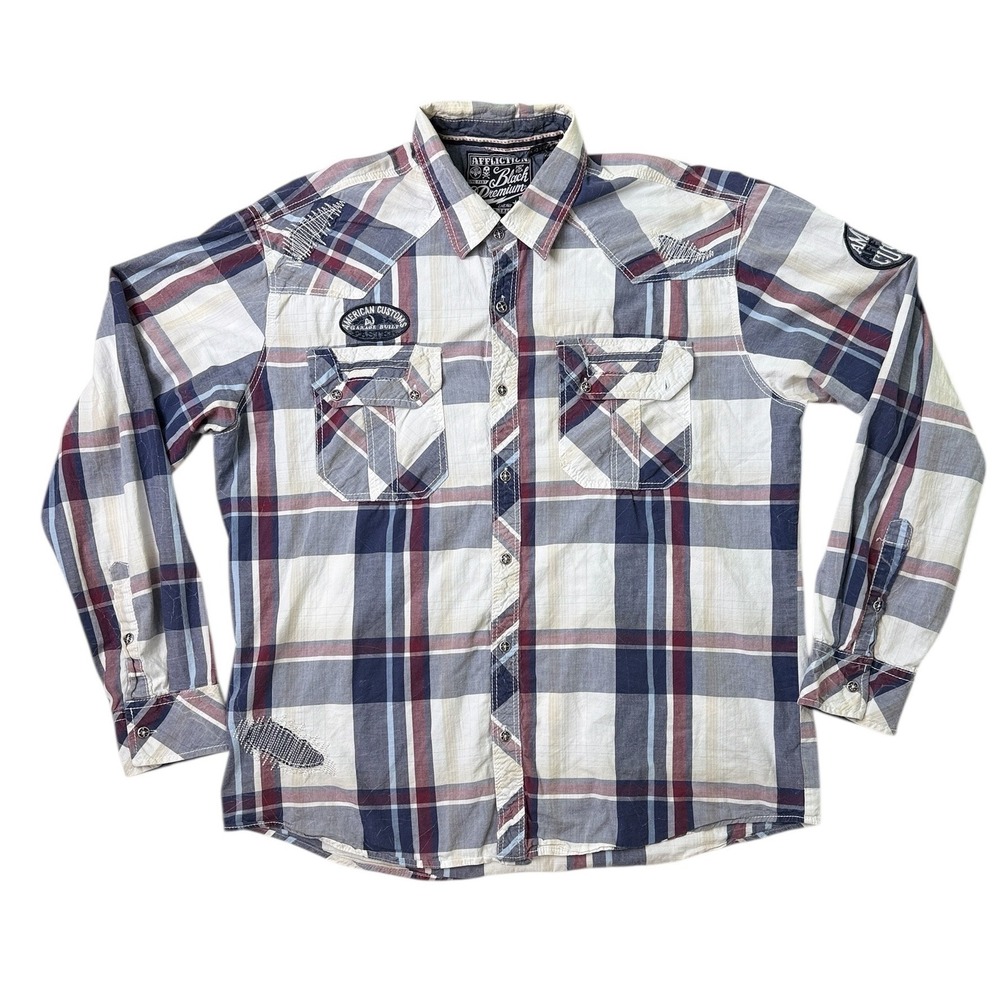 Affliction Black‎ Premium American Customs Plaid Button Down Shirt Mens XL Moto